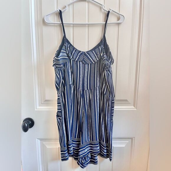 Ann Taylor Loft Romper Navy Blue White Stripes Size 8 Ruffles Shorts Pockets - Picture 5 of 5